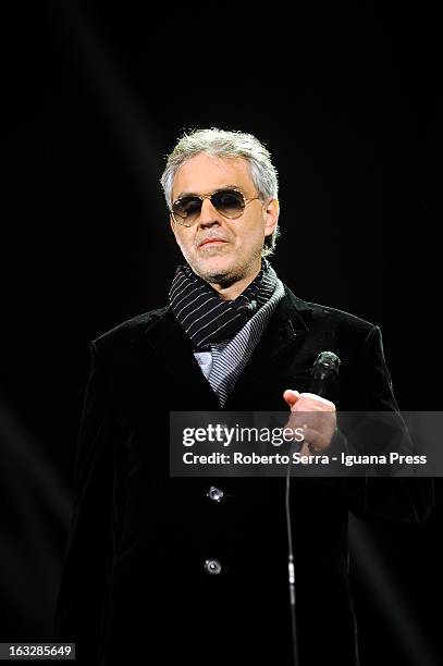 Italian vocalist Andrea Bocelli performs the Lucio Dalla Tribute at Piazza Maggiore on March 4, 2013 in Bologna, Italy.