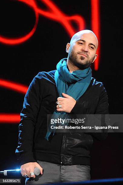 Italian musician and author Giuliano Sangiorgi of Negramaro band performs the Lucio Dalla Tribute at Piazza Maggiore on March 4, 2013 in Bologna,...