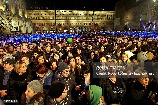 Thousands of people attends the Lucio Dalla Tribute at Piazza Maggiore on March 4, 2013 in Bologna, Italy.