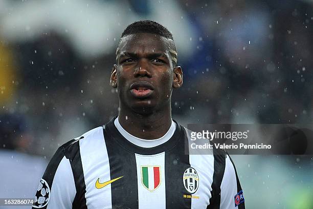 Paul Pogba of Juventus looks on prior to the UEFA Champions League round of 16 second leg match between Juventus and Celtic at Juventus Arena on...