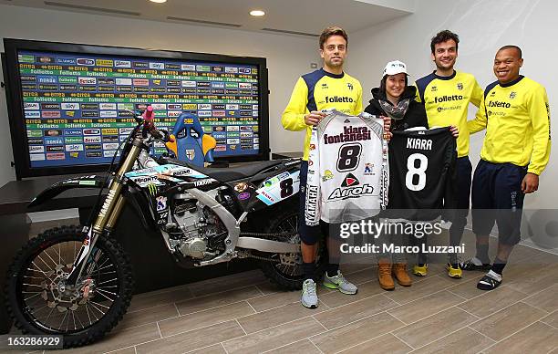 Daniele Galloppa, Motocross World Champion Kiara Fontanesi, Marco Parolo and Jonathan Biabiany during a visit at the club's training ground on March...