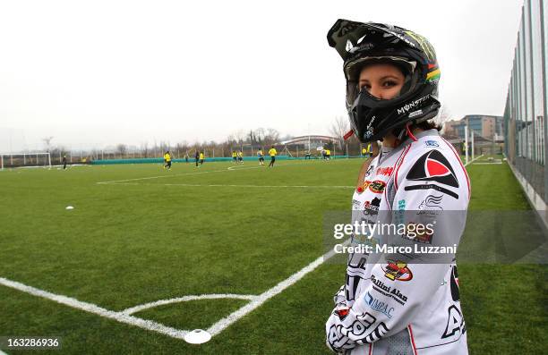 Motocross World Champion Kiara Fontanesi Meets Parma FC at the club's training ground on March 6, 2013 in Collecchio, Italy.