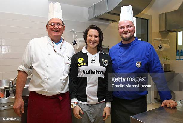 Motocross World Champion Kiara Fontanesi , Parma FC chef Ferruccio Minuz and assistant chef Simone Marcolin during a visit at the club's training...