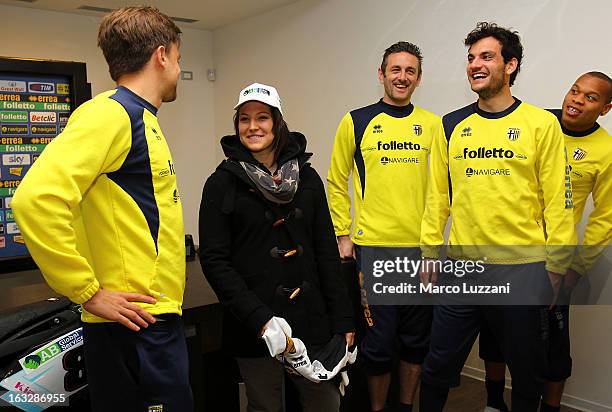 Daniele Galloppa, Motocross World Champion Kiara Fontanesi, Nicola Pavarini, Marco Parolo and Jonathan Biabiany during a visit at the club's training...