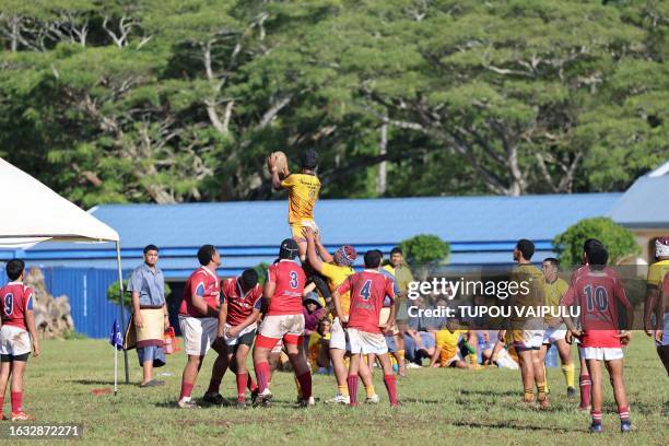 Tonga High School and 'Eua High School's grade 5 team in their first game against each other at Tupou College Toloa's field on June 23, 2023 in...