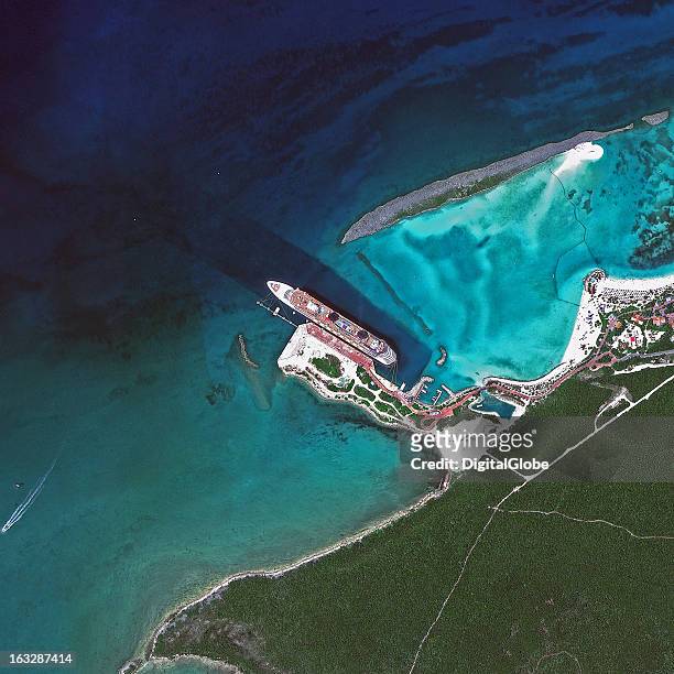 This is a satellite image of a docked cruise ship in Castaway Cay, Bahamas, a private island exclusive port. Collected on September 25, 2012.