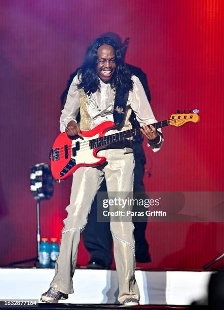 Verdine White of Earth, Wind & Fire performs during the "Sing A Song All Night Long" tour at State Farm Arena on August 22, 2023 in Atlanta, Georgia.