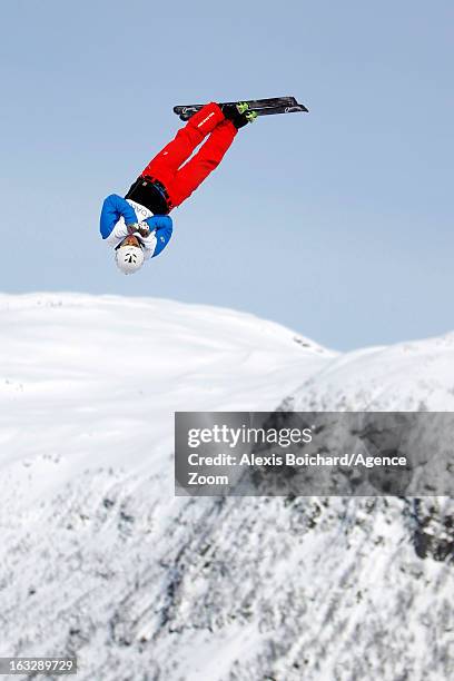 Zongyang Jia of China takes third place during the FIS Freestyle Ski World Championship Men's and Women's Aerials on March 07, 2013 in Voss, Norway.