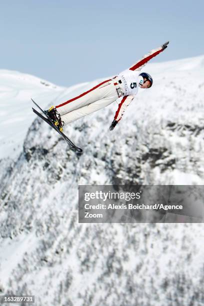 Travis Gerrits of Canada takes second place during the FIS Freestyle Ski World Championship Men's and Women's Aerials on March 07, 2013 in Voss,...