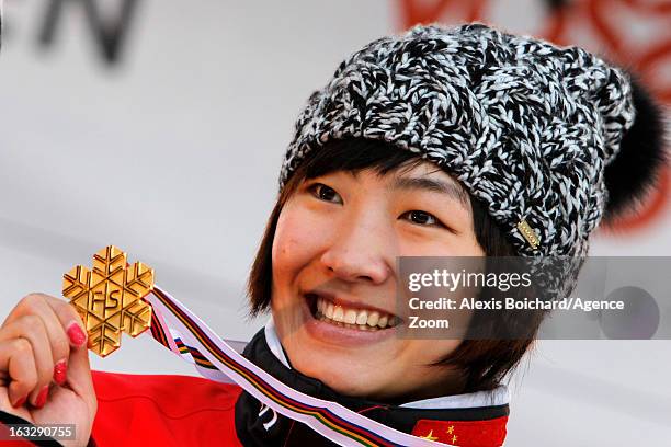 Mengtao Xu of China takes first place during the FIS Freestyle Ski World Championship Men's and Women's Aerials on March 07, 2013 in Voss, Norway.