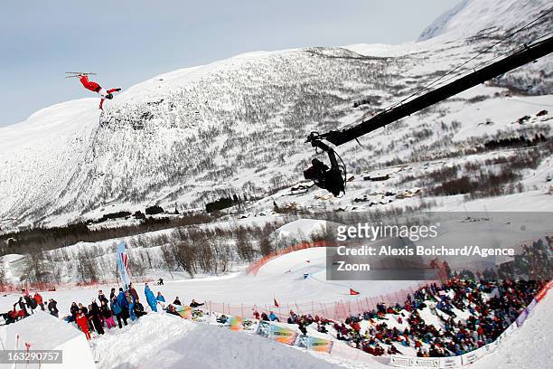 Mengtao Xu of China takes first place during the FIS Freestyle Ski World Championship Men's and Women's Aerials on March 07, 2013 in Voss, Norway.
