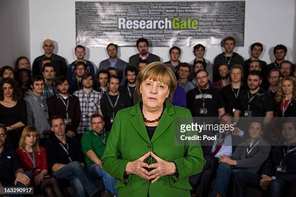 German Chancellor Angela Merkel visits the company Research Gate on March 7, 2013 in Berlin, Germany. Chancellor Merkel and Economy Minister Philipp...