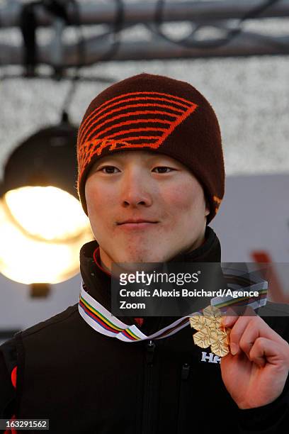 Travis Guangpu Qi of China takes 1st place during the FIS Freestyle Ski World Championship Men's and Women's Aerials on March 07, 2013 in Voss,...