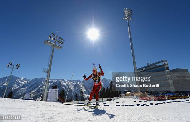 Hilde Fenne of Norway competes in the Women's 15km Individual Event during the E. ON IBU Biathlon World Cup at the 'Laura' Biathlon & Ski Complex on...