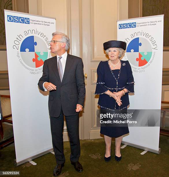 Queen Beatrix of The Netherlands and High Commissioner on Minorities Knut Vollebaek attend the National Minorities conference on March 7, 2013 in The...