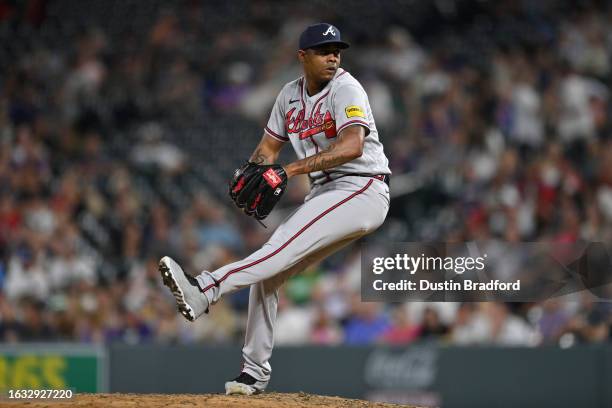 Raisel Iglesias of the Atlanta Braves pitches during the game between the Atlanta Braves and the Colorado Rockies at Coors Field on Tuesday, August...