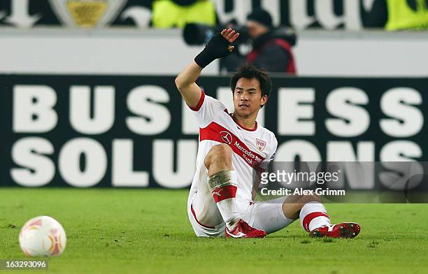 Shinji Okazaki of Stuttgart reacts during the UEFA Europa League round of 16 first leg match between VfB Stuttgart and Lazio at Mercedes-Benz Arena...