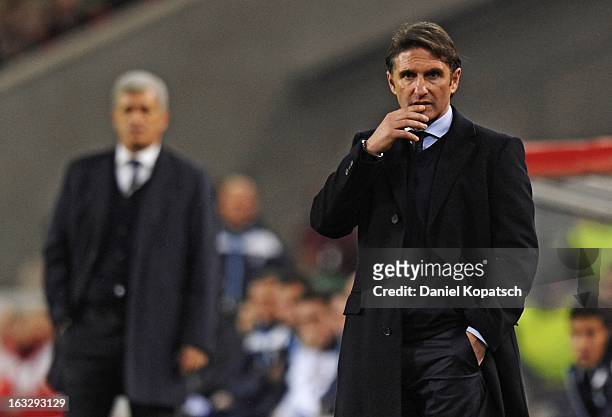 Head coach Bruno Labbadia of Stuttgart looks on from the touchline during the UEFA Europa League round of sixteen first leg match between VfB...