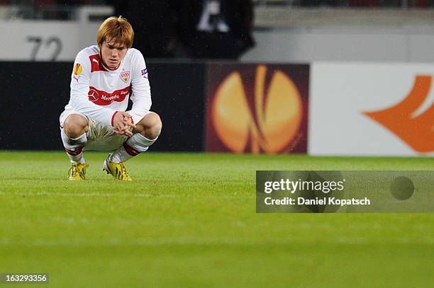 Gotoku Sakai of Stuttgart reacts after the UEFA Europa League round of sixteen first leg match between VfB Stuttgart and Lazio at Mercedes-Benz Arena...