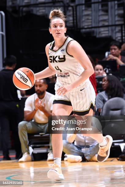 Marina Mabrey of the Chicago Sky dribbles the ball during the game against the Los Angeles Sparks on August 29, 2022 at Crypto.com Arena in Los...