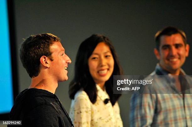 Facebook CEO Mark Zuckerberg speaks alongside The VP of Product Chris Cox, and Director of Design For Newsfeed Julie Zhuo during a media event at...