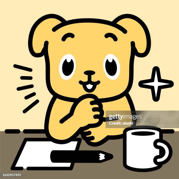 a labrador retriever leaning on a table with a hand on the chin or slapping his fist against the palm of the other hand, thinking, get ideas, evaluating, considering, and making a conclusion - chin stock illustrations
