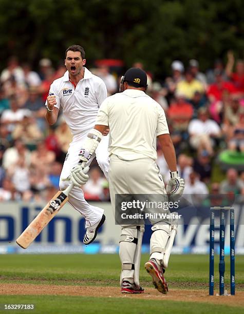 James Anderson of England celebrates his wicket of Peter Fulton of New Zealand during day three of the First Test match between New Zealand and...