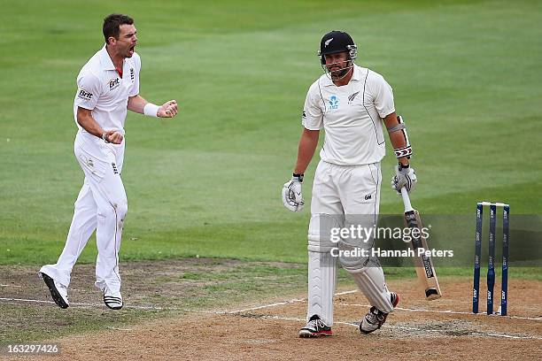 Peter Fulton of New Zealand walks off after being dimissed by James Anderson of England during day three of the First Test match between New Zealand...