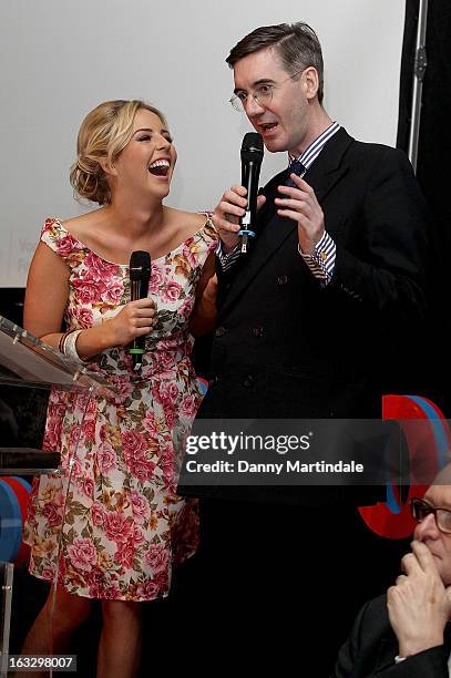 Lydia Bright and Jacob Rees-Mogg MP present round called 'The Only Way is Eton' at The Ultimate News Quiz 2013 for Action for Children and Restless...