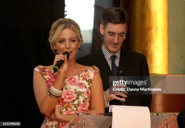 Lydia Bright and Jacob Rees-Mogg MP present round called 'The Only Way is Eton' at The Ultimate News Quiz 2013 for Action for Children and Restless...