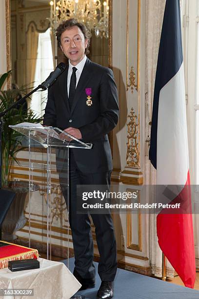 French journalist and author Stephane Bern delivers a speech after he was appointed officer in the King Leopold order during a ceremony at Palais...