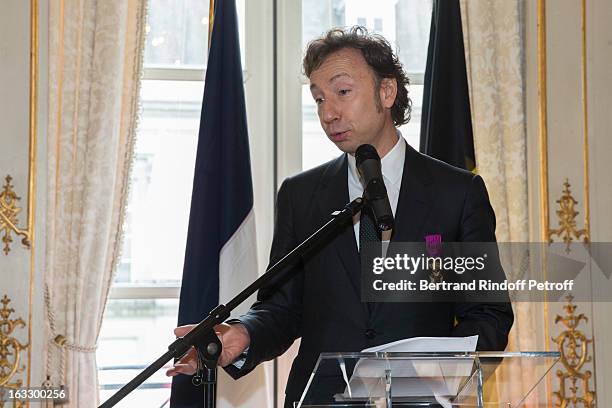 French journalist and author Stephane Bern delivers a speech after he was appointed officer in the King Leopold order during a ceremony at Palais...