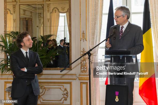 Belgian Foreign Minister and Vice Prime Minister Didier Reynders delivers a speech prior to appoint French journalist and author Stephane Bern...