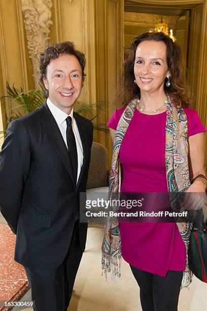 French journalist and author Stephane Bern and Countess Belen de Limburg-Stirum pose prior Bern to be appointed officer in the King Leopold order...