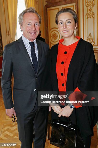 Belgian fashion designer Edouard Vermeulen and Princess Claire of Belgium attend an award giving ceremony for French journalist and author Stephane...