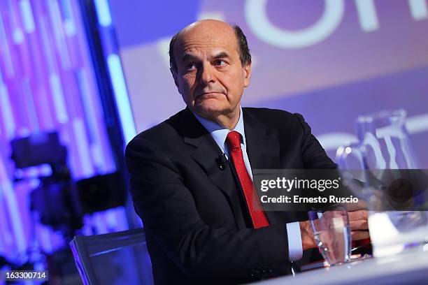 Secretary of the Democratic Party Pierluigi Bersani and Lilli Gruber attend 'Otto e Mezzo' at La7 Studios on March 7, 2013 in Rome, Italy.