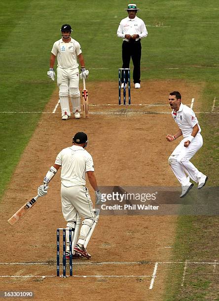 James Anderson of England celebrates his wicket of Peter Fulton of New Zealand during day three of the First Test match between New Zealand and...