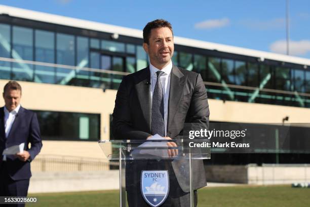 Sydney FC Chairman Scott Barlow speaks during the official opening of the Clubs Centre of Excellence during a Sydney FC media opportunity at...