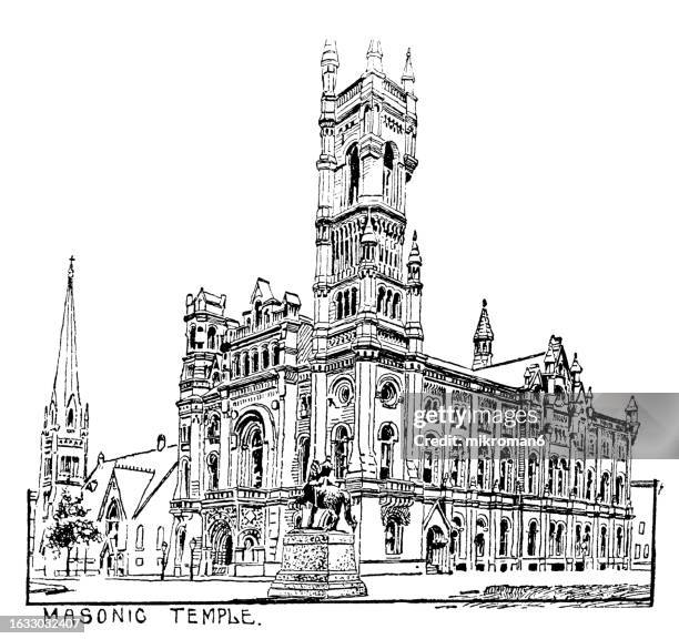 old engraved illustration of the masonic temple (philadelphia, pennsylvania), united states - temple v pennsylvania stock pictures, royalty-free photos & images