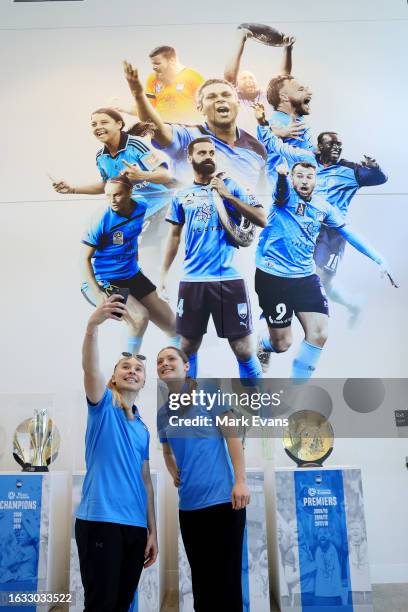 Taylor Ray and Aideen Keane of Sydney FC take a selfie inside the new Sydney FC Centre of Excellence during a Sydney FC media opportunity at...