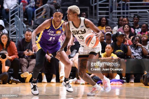 Courtney Williams of the Chicago Sky dribbles the ball during the game against the Los Angeles Sparks on August 29, 2022 at Crypto.com Arena in Los...