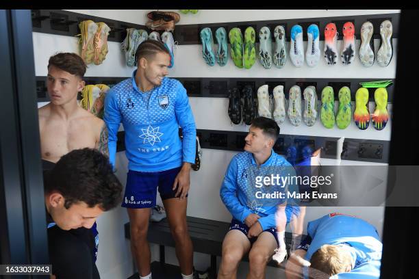 Adrian Segecic, Jack Rodwell and Joe Lolley in the boot room ahead of training during a Sydney FC media opportunity at Macquarie University on August...