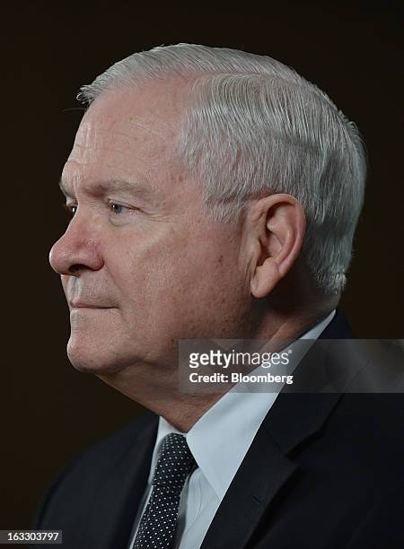 Robert Gates, U.S. Secretary of defense, listens during a Bloomberg Television interview at the Everest Capital Emerging Market Forum, in Miami,...