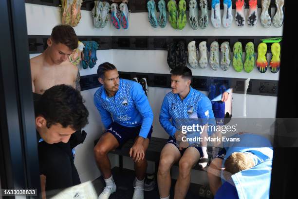 Adrian Segecic, Jack Rodwell and Joe Lolley in the boot room ahead of training during a Sydney FC media opportunity at Macquarie University on August...