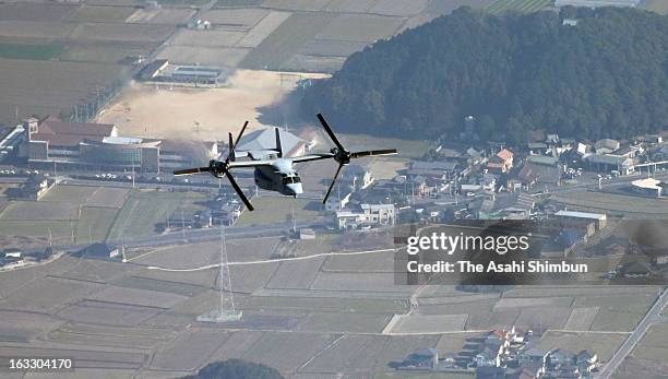 In this aerial image, an U.S. Marines' MV-22 Osprey aircraft is seen conducting first ever low altitude flight training over Japanese mainland, while...
