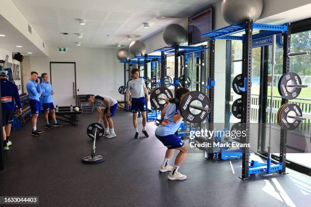 Sydney FC players train in the gym in the new Centre of Excellence during a Sydney FC media opportunity at Macquarie University on August 15, 2023 in...