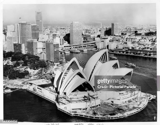 Sky line in of buildings and skyscrapers including the Opera House in Sydney, Australia, 1955.