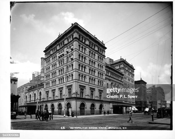 Street view of Metropolitan Opera House in New York City, New York, 1955.