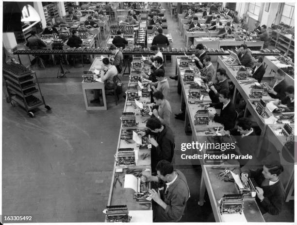 Olivetti Factory workers are currently assembling typewriters called 'Lettera 22', 1955.