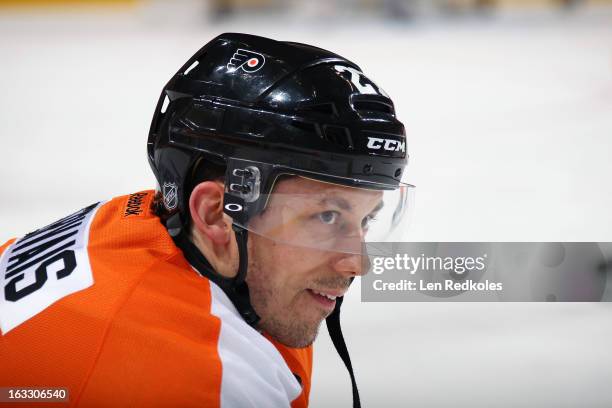 Bruno Gervias of the Philadelphia Flyers looks on during warm-ups prior to a game against the Ottawa Senators on March 2, 2013 at the Wells Fargo...